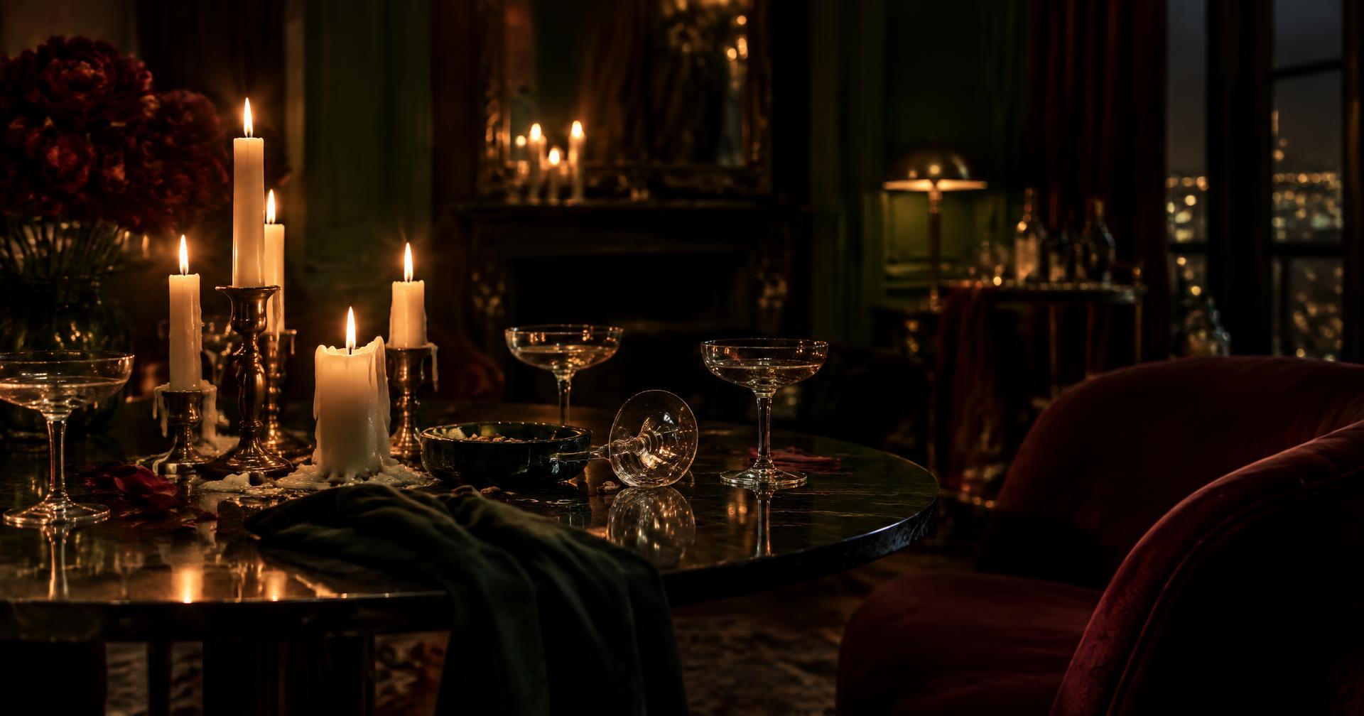 Candles burning low beside empty coupe glasses at the end of an evening