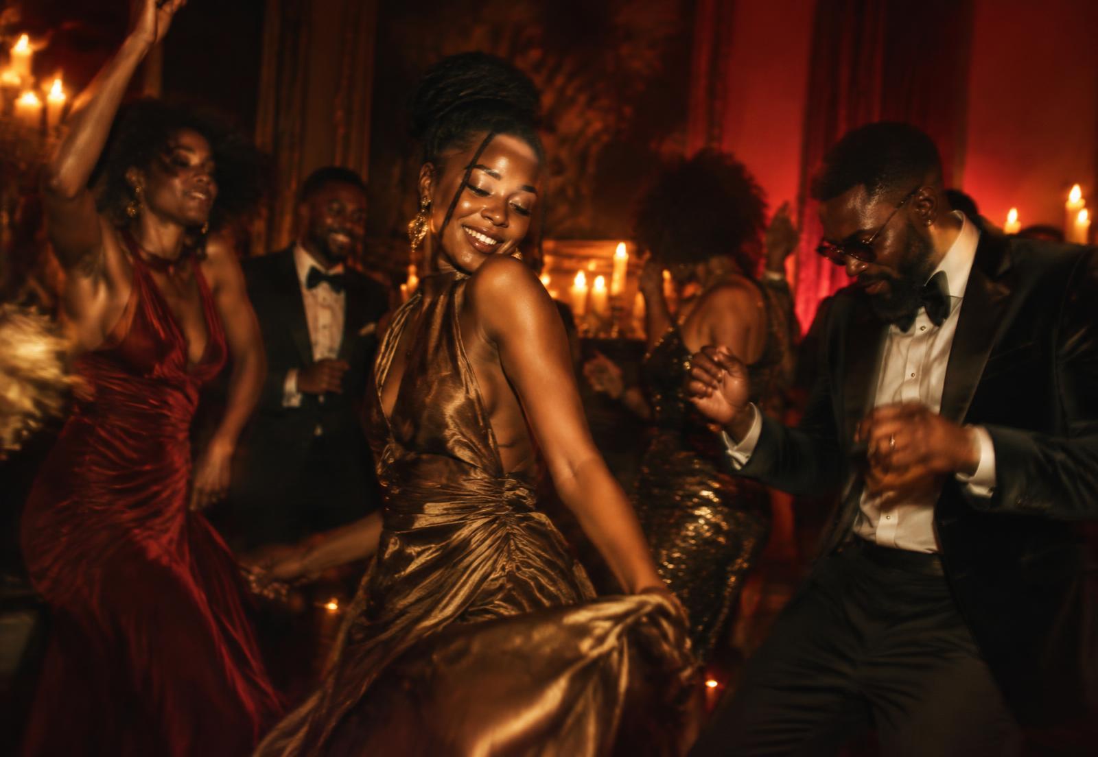 Elegantly dressed guests dancing in warm amber and deep red light