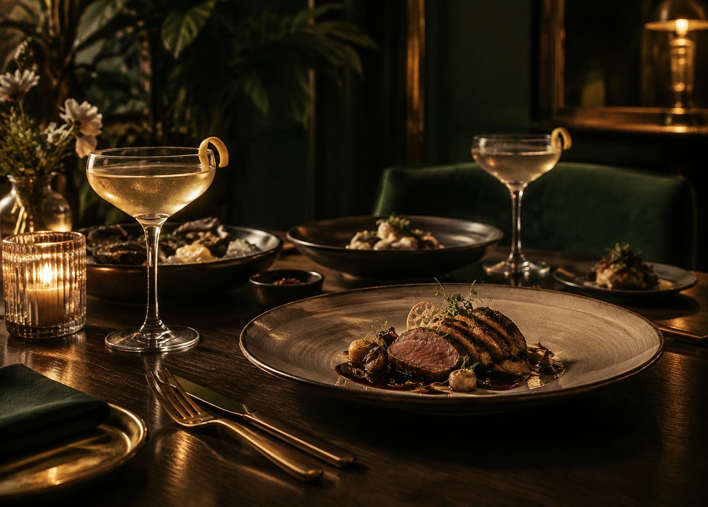 Cocktail coupes and a plated course on a dark wood table lit by candles